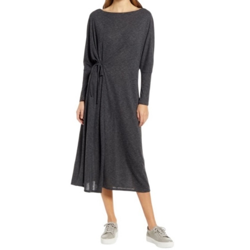 Caslon Cozy Knit Long Sleeve Midi Dress Grey Size Medium Lagenlook Minimalist